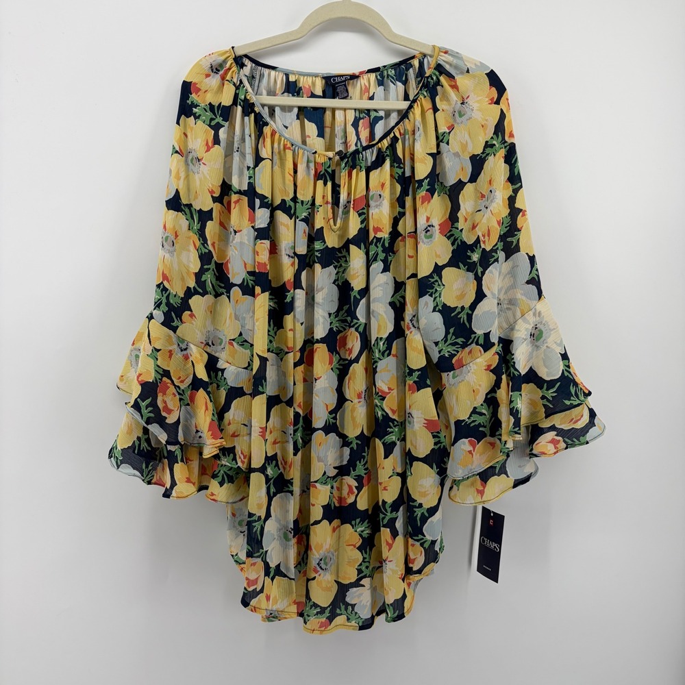Chaps Floral Chiffon Blouse Yellow Women 2X Tiered Bell Sleeve Boho Top